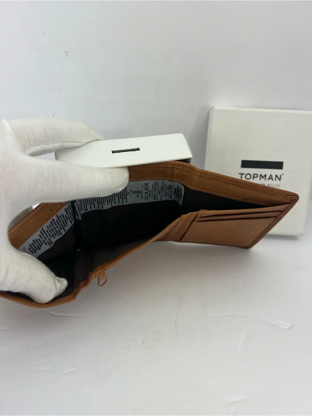 TOPMAN REAL LEATHER, TRI FOLD WALLET, LIGHT BROWN, ZIPPER FOR COIN